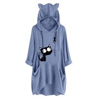 Sunhusing Womens Cute Lazy Lying Cat Printed Solid Color Long Sleeve Sweatshirt Cat Ear Hooded Pocket Tunic Tops