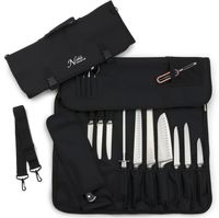 Chef's Knife Roll Bag (14 slots) Holds 10 Knives PLUS Meat Cleaver, Utility Pocket, AND 4 Tasting Spoons! Our Durable Knife Carrier Includes Shoulder Strap and Name Card Holder. (Knives Not Included)