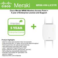 Meraki MR66 Dual-Radio Outdoor AP, 600Mbps, 802.3af PoE with 5 Yr Enterprise License and (2) MA-ANT-20 Antenna Bundles