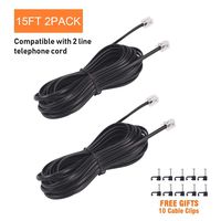 15FT Telephone Extension Cord Cable, Landline Phone Line Wire with RJ11 6P4C Plugs, Includes Cable Clips - Black - 2 Pack