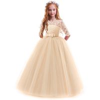 IBTOM CASTLE Spring Flower Girl Wedding Bridesmaid 3/4 Sleeves Kids Floral Lace Pageant Communion Princess Dress Prom Evening Dance Gown Champagne 7-8 Years
