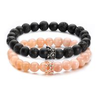 POSHFEEL 8mm Natural Stone CZ Micro Pave Crown King Queen Beads His and Hers Couple Bracelet, Black Matte Agate & Sunstone, 7.5"