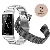 Shangpule Compatible for Fitbit Charge 3 & Charge3 SE Bands(2 Pack), Stainless Steel Metal Replacement Accessories Women Man Large Small (Silver + Black)