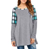 Leoy88 Womens Long Sleeve Round Neck Plaid Top Patchwork Tunic Blouse Shirt