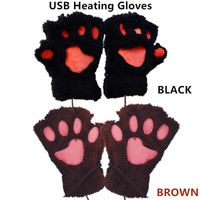 2 Pair DECVO Winter Powered Warmer Thicken Paw Fingerless USB Heated Gloves Plush Cold-Proof Knitted Half Finger Laptop Mittens USB Warm Paw Gloves for Women Teen Girls Best Winter Gift (Black+Brown)