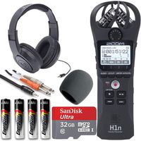 Zoom H1n Handy Recorder + On Stage Windscreen + SanDisk Ultra 32GB Card + Cable + Samson Headphones + Energizer AAA Batteries (Black)