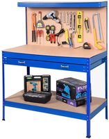 Goplus Steel Workbench Tool Storage Work Bench Workshop Tools Table W/Drawer and Peg Board (Blue)