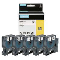 5-Pack Replace DYMO 18444 Rhino Permanent Vinyl Industrial Label Tape Compatible with DYMO Rhino 5200 4200 5000 6000 Industrial Label Maker, Black on White, 1/2-Inch x 18 ft