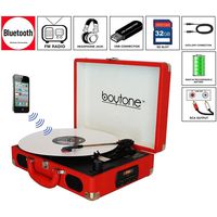 Boytone BT-101RD Bluetooth Turntable Briefcase Record Player AC-DC, Built in Rechargeable Battery, 2 Stereo Speakers 3-Speed, LCD Display, FM Radio, USB/SD,RCA, AUX / MP3, Encoding, 110/220 Volt.
