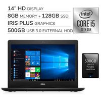Dell Inspiron 2020 14" HD Laptop Computer, 4-Core Intel i5-1035G4 up to 3.7 GHz, Iris Plus Graphics, 8GB RAM, 128GB SSD, No DVD,Webcam,Bluetooth,Wi-Fi,HDMI,Win 10 S, 500GB USB 3.0 External Hard Drive