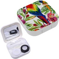 Portable Contact Lens Case Box Travel Kit Mirror + Bottle + Tweezers Container Holder [ Watercolor Parrots On Floral ]
