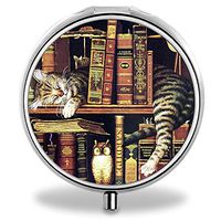 IMLONE Pill Organizer, Customized Retro Book and Cat Pill Boxes with 3 Components Metal Portable Pill Container for Purse, Travelling and Daily Needs