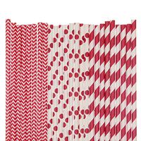 Red Paper Straw Mix - Chevron, Polka Dot and Striped (75)