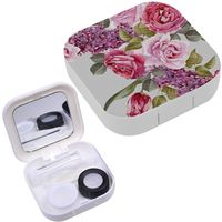 Portable Contact Lens Case Box Travel Kit Mirror + Bottle + Tweezers Container Holder [ Floral Watercolor Lilac ]