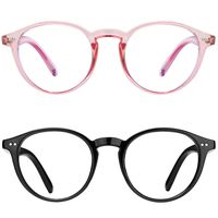 EOSNEIK Blue Light Blocking Glasses Men Women Vintage Thick Round Rim Frame Eyeglasses Anti Blue Ray Computer Game Glasses (Black/Pink)