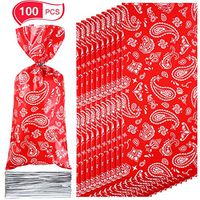 100 Pieces Western Bandana Cellophane Bags Red Bandana Print Cello Treat Bags Cookie Candy Bags with 100 Pieces Silver Twist Ties for Western Cowboy Theme Party Favor
