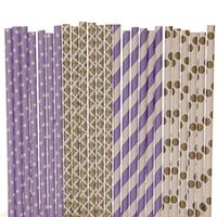 Gold and Lavender Paper Straw Mix - Polka Dot, Striped, Damask (100)