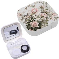 Portable Contact Lens Case Box Travel Kit Mirror + Bottle + Tweezers Container Holder [ Watercolor Bouquet Roses ]
