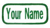 Name Patch Uniform Work Shirt Personalized Embroidered White with Green Border. Sew on.