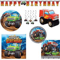 Olive Occasions Monster Truck Themed Paper Party Supplies 16 Dinner Plates, 16 Cake Plates, 16 Lunch Napkins, 16 Beverage Napkins, Banner, Centerpiece, Dizzy Danglers, Recipe