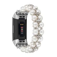 fastgo Compatible with Fitbit Charge 3/Charge 3 SE Band, Handpicked Artificial Pearl Elastic Jewelry Glitter Bracelet Dressy Replacement Strap Small Large Wristband for Women Girls (White)