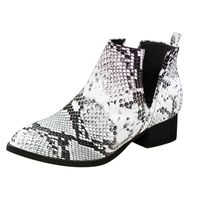 BIKETAFUWY Women's Snakeskin Boots, Leather Short Shoes Chunky Heels Slip On V Cutout Round Toe Boots White