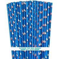 Sailboat Print Paper Straws - Red White Blue Nautical Theme - 100 Pack