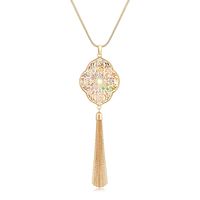Long Necklaces For Woman Disk Circle Pendant Necklaces Tassel Fringe Y Necklace Set Statement Pendant (quatrefoil-gold-Floral)