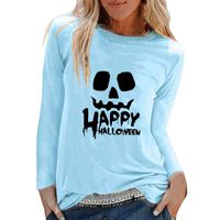 ANJUNIE Womens Casual Halloween Print Shirts O-Neck Long Sleeve Top Loose T-Shirt Blouse(2-Sky Blue,L)