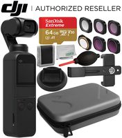 DJI Osmo Pocket Gimbal with Essential Accessory Bundle - Includes: SanDisk Extreme 64GB microSDXC Memory Card + Filter Set + Carrying Case + Phone Holder Bracket + Supporting Base Stand + More