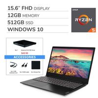 Lenovo IdeaPad S145 2019 Premium 15.6" FHD Laptop Computer,AMD Ryzen 5-3500U 2.0 GHz, AMD Radeon Vega 8, 12GB RAM, 512GB SSD ,Wi-Fi, Bluetooth, Webcam, HDMI, Windows 10, VAATE External DVD+Accessories