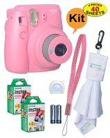Fujifilm Instax Mini 9 Instant Film Camera + 20 Sheets of Instant Film + Lens Cleaning Cloth + Close-Up Selfie Lens + Wrist Strap | Batteries Included - Pink