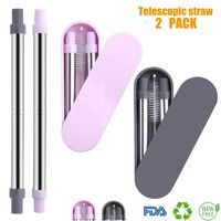 2019 2 Pack Telescopic Collapsible Reusable Drinking Straws - Emoly Stainless Steel Metal Foldable Straw, Folding Straws Portable Set with Case & Cleaning Brush for Travel, Household, Office