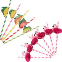 48Pack Fruit & Flamingo Paper Straw - Striped Decorative Straws - Tropical Drinking Straws (Disposable Biodegradable)