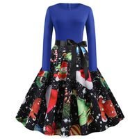 iNoDoZ Womens Vintage Christmas Printed Dress Ladies Elegant Long Sleeves Party Dress Xmas Dress Blue