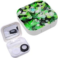 Portable Contact Lens Case Box Travel Kit Mirror + Bottle + Tweezers Container Holder [ Green Arrows Hexagons On Black ]
