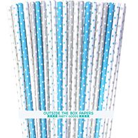 Polka Dot Paper Straws - Light Blue Silver White - 7.75 Inches - 100 Pack - Outside the Box Papers Brand