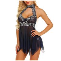 Sunhusing Ladies Solid Color Perspective Hollow-Out Lace Splicing Sexy Sleeveless Halter Pajamas Nightdress(Blue,L)