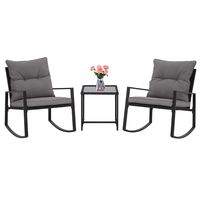 SUNCROWN Outdoor 3-Piece Rocking Bistro Set: Black Wicker Furniture-Two Chairs with Glass Coffee Table (Grey Cushion)