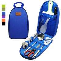 8pcs Camping Cookware Kitchen Utensil Organizer Travel Accessories Set - Portable Bbq Camp Cookware Utensils Travel Kit with Water Resistant Case, Cutting Board, Rice Paddle, Tongs, Knife (Blue)