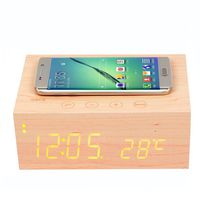 JVR MI38 Wood Stereo Speaker Wireless Charger for Qi-Enabled Devices, Bluetooth Speaker, 3.5mm Audio Jack, NFC Speaker, Microphone Hand-Free Call, Alarm Clock Temperature LED Display, Touch Control