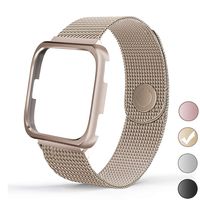 REYUIK Compatible with Versa Bands with Frame,Stainless Steel Mesh Breathable Metal Wristband with Protective Case Bumper Accessories for Women Men (Retro Gold, Large 6.0"-9.2")