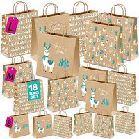 18 Llama Holiday Gift Bags, Kraft Christmas Paper Gift Bags, Small Medium Large Assorted Sizes, Adorable Festive Prints for Holiday Gift Wrapping, Bulk Xmas Bag Set, Reusable Recyclable