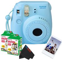 Fujifilm Instax Mini 8 Instant Film Camera (Blue) + (2) Fujifilm INSTAX Mini Instant Film (Twin Pack) + PixiBytes Exclusive Cleaning Cloth