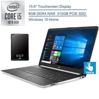 2020 HP 15.6" Touchscreen Laptop Computer, 10th Gen Intel Quard-Core i5 1035G1(Beats i7-7500U), 8GB DDR4 RAM, 512GB PCIe SSD, AC WiFi, Silver, Windows 10 Home + EST 500GB External Hard Drive