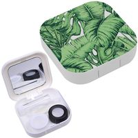 Portable Contact Lens Case Box Travel Kit Mirror + Bottle + Tweezers Container Holder [ Tropical Leaves Fashion ]