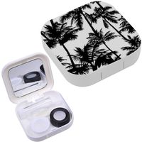 Portable Contact Lens Case Box Travel Kit Mirror + Bottle + Tweezers Container Holder [ Black Palm Trees Isolated ]