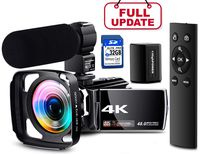 【Full Upgrade】 Ultra HD 4K Camcorder Vlogging Video Camera 60FPS YouTube Camera Digital Recorder Remote Control IR Night Vision with Powerful Microphone, Wide Angle Lens, Lens Hood, Batteries