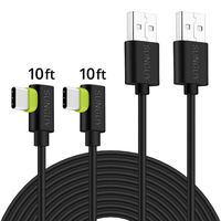 USB C Cable 90 Degree, SUNGUY【2Pack, 10ft x2】Right Angle 3A Type C to USB A Quick Charging & Data Sync Cord for Android Phone Samsung Galaxy A6s A8 A9, Moto X4 G6 G7 Plus, LG V20 G7 G8 ThinQ (Black)