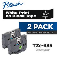 Brother Genuine P-Touch 2-Pack TZe-335 Laminated Tape, White Print on Black Standard Adhesive Laminated Tape for P-Touch Label Makers, Each Roll is 0.47"/12mm (1/2") Wide, 26.2 ft. (8M) Long